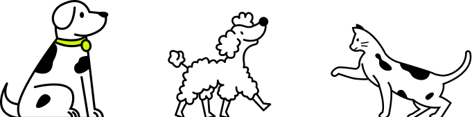 Illustrated silhouettes of a dog, poodle, and cat